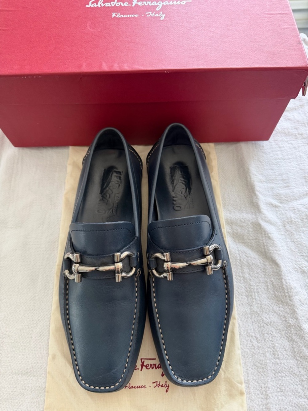 Salvatore Ferragamo Navy Leather Bit-Detail Loafers - Picture 2 of 8